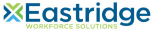 This logo contains 4 outward arrows pointing inward with the word Eastridge written in blue bold script and the words workforce solutions below in smaller sized green font.