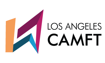 This logo consists of both words in black type and geometric colored shapes. On the right side, the name of our organization, Los Angeles California Association of Marriage and Family Therapists which is abbreviated as CAMFT, is stacked, with Los Angeles on top, and CAMFT in bolder, larger letters beneath it. On the left side of the logo there are three geometric shapes in different colors that have been chosen and placed to reflect our geographical location. At the farthest left a yellow, rectangular bar is placed perpendicularly to form to long side of the “L” from “LA” and symbolizes the buildings of our city. Next to the yellow bar is a dark pink shape, that forms an upside down “V” slightly tilted to the right, and represents the “A” in “LA” and the mountains around our city. A blue shape forms a smaller upside down “V” and is placed next to the yellow bar and under the dark pink shape to finish the “L” and the cross line in the “A,” and symbolizes the Pacific Ocean.