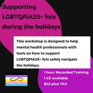 Featured image for a workshop designed to help mental health professionals with tools on how to support LGBTQPIA2S+ Folx safely navigate the holidays.